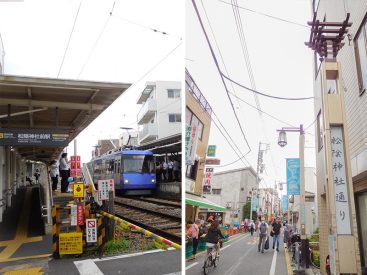 2両編成の世田谷線。松陰神社前駅を降り立ち、松陰神社通り商店街を通ります。