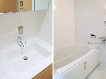 白くて清潔な独立洗面台とゆったり快適なバスルーム。