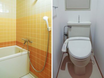 バスルームもレトロタイル。トイレは温水便座で清潔感あります。