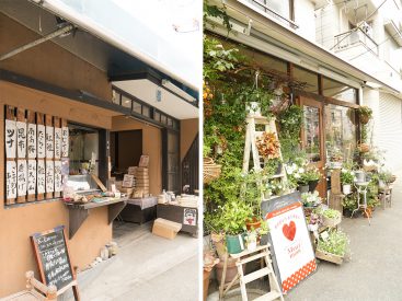 店頭でおむすびを販売する「三田精米店」と素敵な花屋「Fleuriste PETIT à PETIT」。