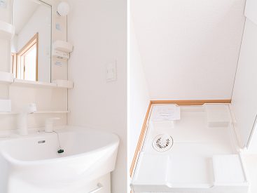 大きめのシャワー付き洗面化粧台と室内洗濯機置き場。