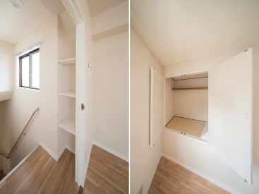 左：階段横の収納。右：5帖の洋室の収納。