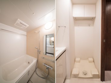 足を伸ばして入れる清潔感ばっちりのお風呂、洗濯機置き場は洗面室に。