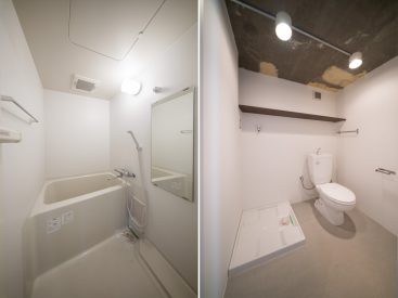 お風呂はとてつもなくシンプル。洗濯機置き場、トイレはゆとりのある個室にまとまっています。