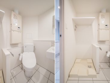 トイレはオープンなつくり、洗濯機置き場には洗剤等置ける棚もある。