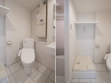 トイレはオープンなつくり、洗濯機置き場には洗剤等置ける棚もある。