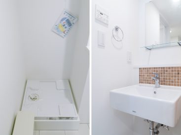 室内洗濯機置き場とタイルがすてきな独立洗面台。