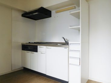 キッチンはこんな感じ。収納棚の横が冷蔵庫置場となります。