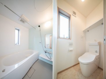 お風呂は子供とゆったり入れる広さ。換気できる小窓付きのトイレ。