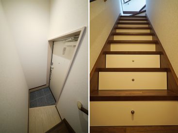 玄関はコンパクト、階段3段分が靴箱になっています。