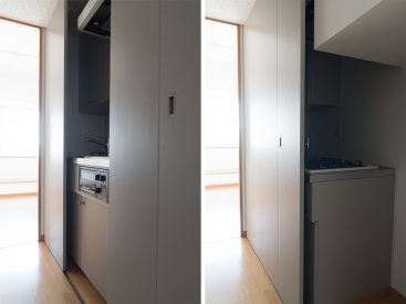 玄関すぐのキッチンとその横の室内洗濯機置き場はスライド扉で隠せます。
