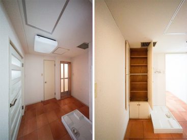 左写真は、左がトイレ、右がバスルーム、右写真は洗濯機置き場と収納。