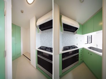 緑なキッチン、奥の扉は洗濯機置き場です