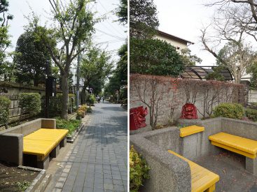 建物前はのんびりした雰囲気の遊歩道です