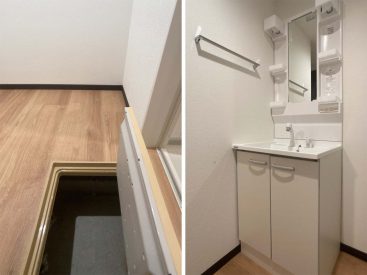 洗面所には便利な床下収納が。独立洗面台の横が洗濯機置き場です。