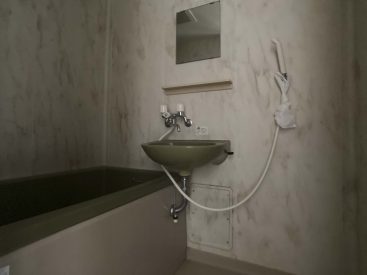 バスルーム。わかりづらいですが、ライトなモスグリーンの浴槽と洗面台が素敵です。