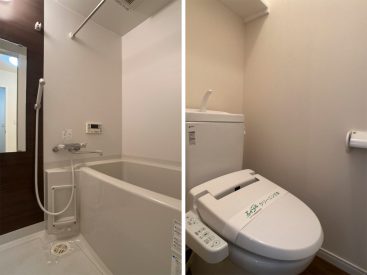 浴室乾燥機付きのバルスームと温水洗浄便座付きのトイレ。