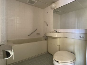 浴槽がゆったりしたバスルームは、洗面とトイレが一緒になっていてホテルのよう。