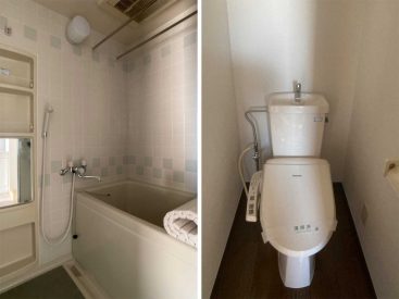浴室乾燥機付きのバスルームと温水便座付きトイレは清潔感があります。