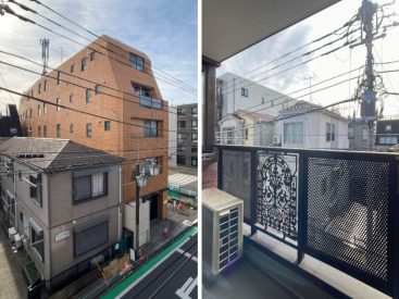 静かめな道路沿いに建つマンション。バルコニーは南向き。