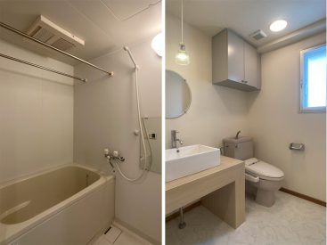 浴室乾燥機付きのバスルームとサニタリースペース。ここにも窓。