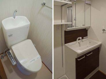 温水洗浄便座付きのトイレに、ゆったりした独立洗面台。