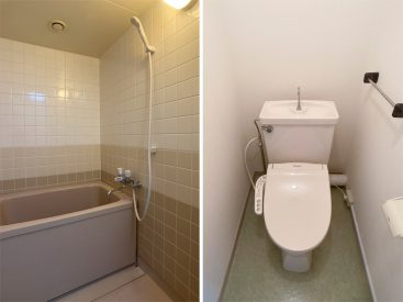 タイルが素敵なバスルームと温水洗浄便座つきのトイレ。