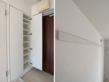 左：容量のある玄関収納。右：リビングと寝室どちらにも何かと便利な長押（なげし）が設置。
