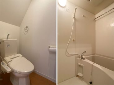 勾配天井のトイレとコンパクトなバスルーム。