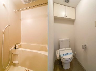 コンパクトなバスルーム、吊り戸棚付きのトイレ。