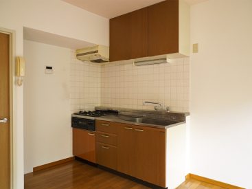 キッチンは棚と合わせて落ち着いた茶色のカラー。
