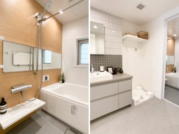 浴室は1317サイズ。共用廊下に面した小窓で換気◎洗面台横は洗濯機置き場。