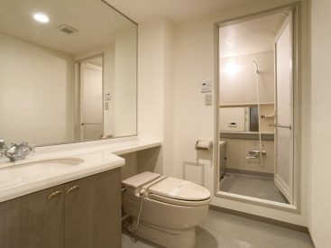 大きな鏡がホテルライクな洗面脱衣所とトイレ、その先にバルスーム。