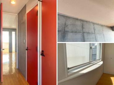 赤やコンクリートの素材が、このお部屋のメインアイテム。