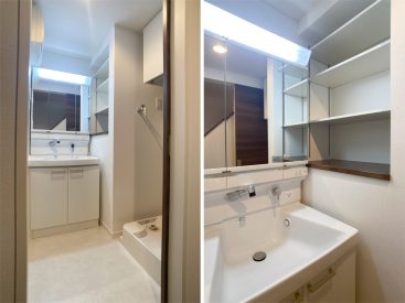 洗面スペースには洗濯機置き場があります。大きな独立洗面台の横には収納棚付き。