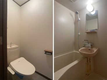 温水洗浄便座付きのトイレと、コンパクトなバスルーム。