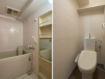 バスルームには追い焚き機能と浴室暖房乾燥機付き。トイレは収納棚がついています。