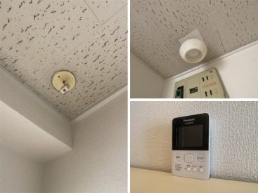 電話線が天井に。各部屋に照明がついています。TVドアホンは充電式。