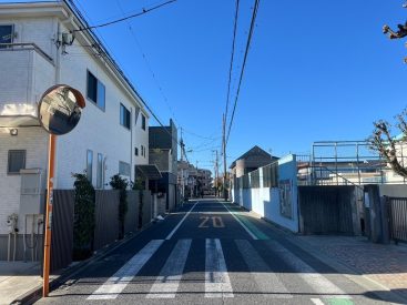 前面道路。周辺は落ち着いています。