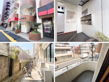 北側のバルコニーからは世田谷通りが見えます。建物奥に駐輪場。セキュリティは低めです。