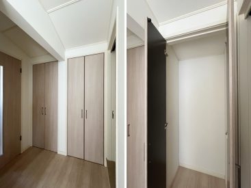 居室の出入り口に、天井まで高さのある収納ふたつ。