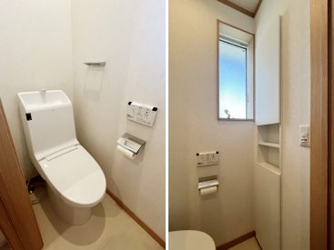 トイレには換気の小窓、収納があります。