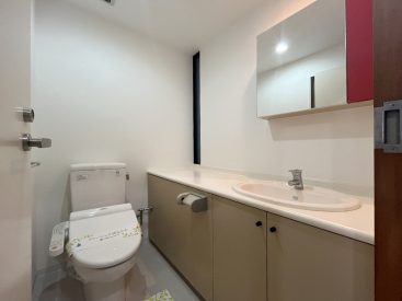 トイレと洗面は一体に。鏡の赤い収納がアクセント。