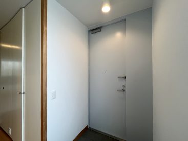 淡いグレー扉の玄関がスマートに出迎え。