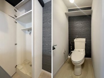洗濯機置き場はキッチンの背面に。トイレにも居室と同じダークカラーのクロス。