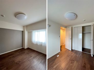 玄関横の5.6帖の洋室。こちらもにもクローゼット付き。エアコンの先行配管設置済み。