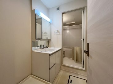 洗面脱衣所。狭めなので収納で工夫した水まわりに。