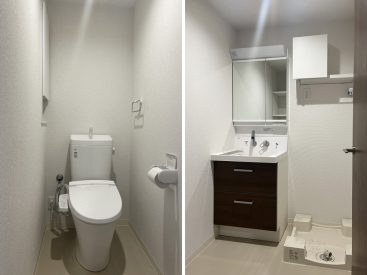 トイレに洗面台・洗濯機置き場。水まわりには所々に収納があり好印象。