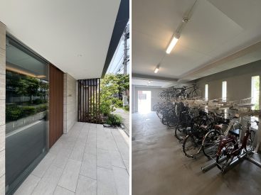 リッチに出迎えてくれるエントランス。駐輪場は屋内で。駐車場も近隣にあります。