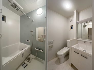ゆったりカーブした浴槽のお風呂。トイレは洗面台の横にオープンなつくり。